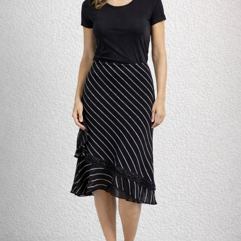 Touch Black Striped Midi Skirt Asymmetrical Hem Lace Detail Size M